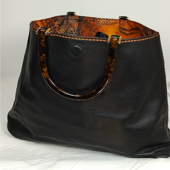 Plinio Visona Black Leather Tote Satchel NWOT Tortoiseshell Handles Y2K - Picture 6 of 6